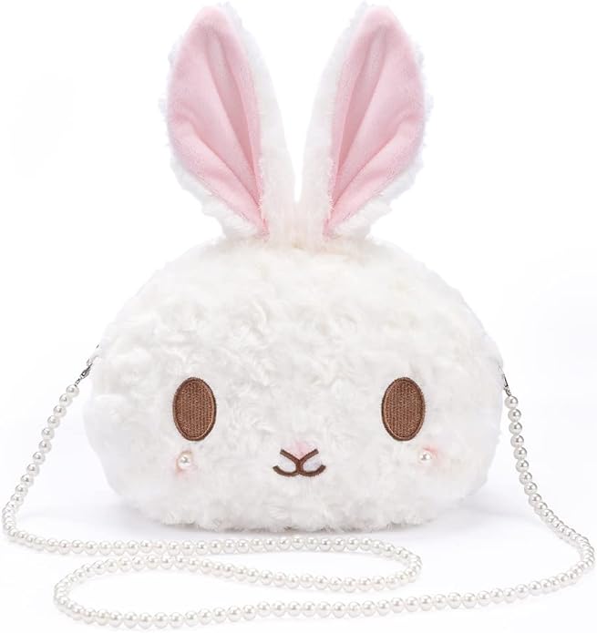 Kawaii Bunny Crossbody - Bolso de Conejo Esponjoso con Cadena de Perlas | Estilo Lolita Anime | Accesorio Lindo y Ligero para Mujer