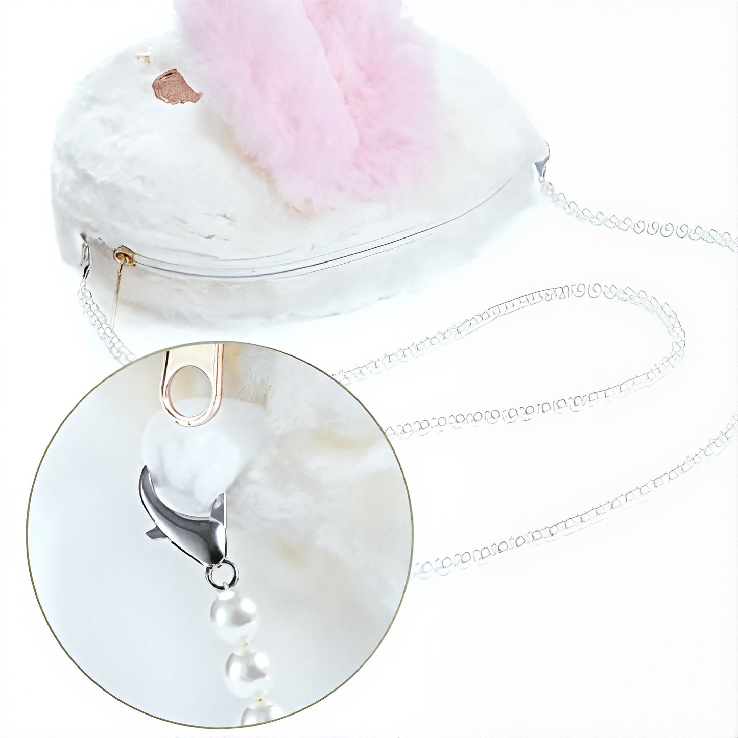 Kawaii Bunny Crossbody - Bolso de Conejo Esponjoso con Cadena de Perlas | Estilo Lolita Anime | Accesorio Lindo y Ligero para Mujer