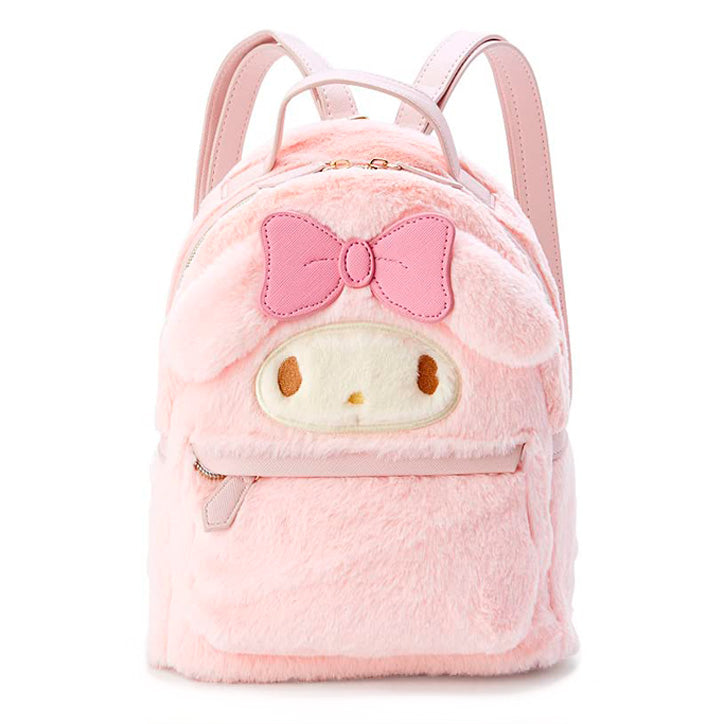 Mochila kawaii My Melody rosa en felpa con lazo, vista frontal del diseño mini con detalles de cara y moño decorativo